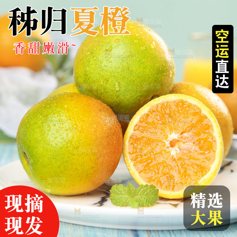 蓝底上放着一盘切开的夏橙