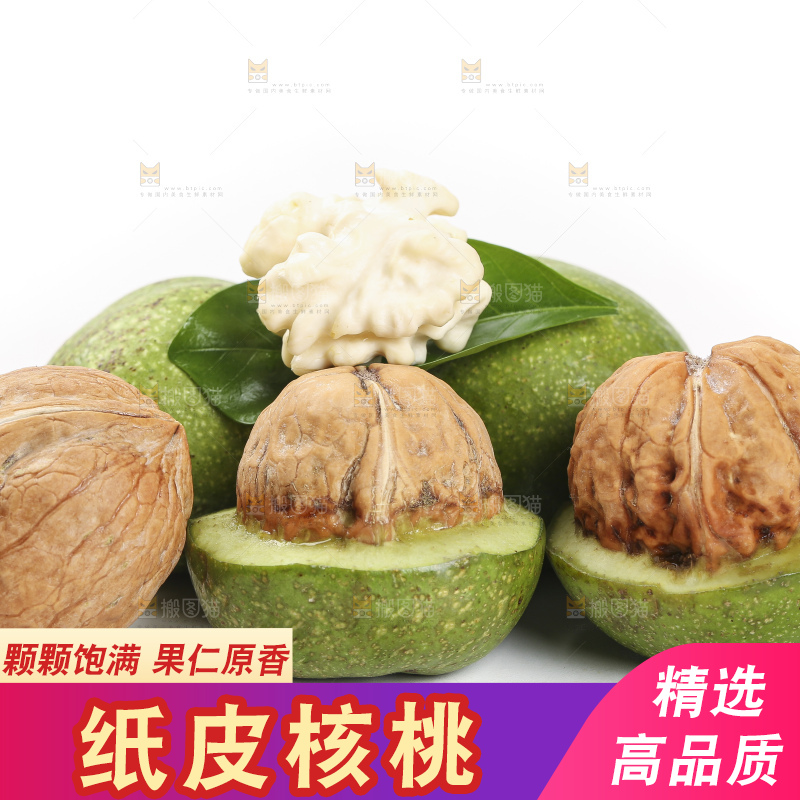 白底上放着新鲜核桃果仁