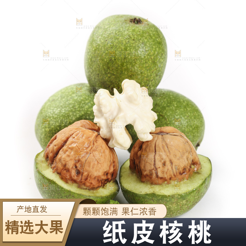 白底上放着新鲜核桃果仁