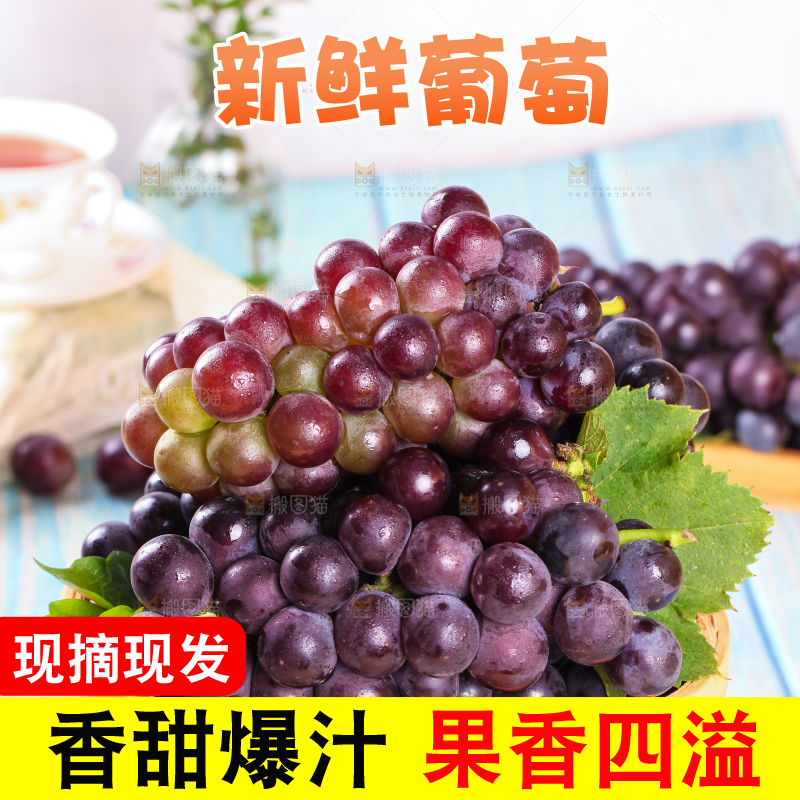 蓝底上放着一筐东北巨峰葡萄