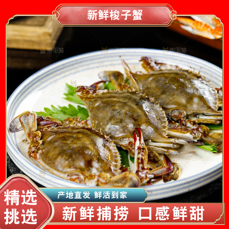 黑底上放着一盘梭子蟹