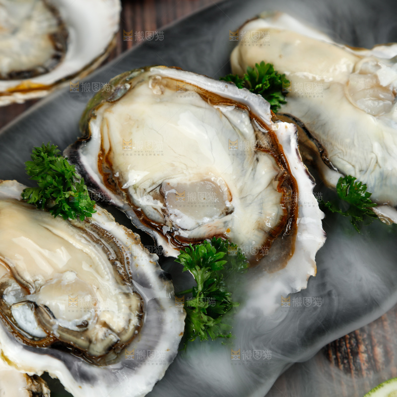 木底上放着一盘冰镇牡蛎
