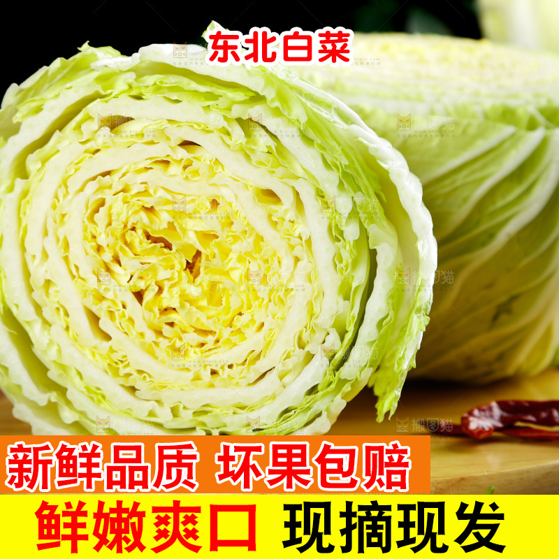 木板上放着切开的新鲜大白菜