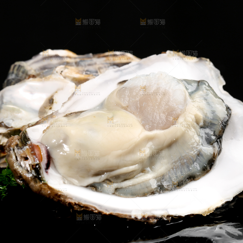 黑底上剥皮的牡蛎