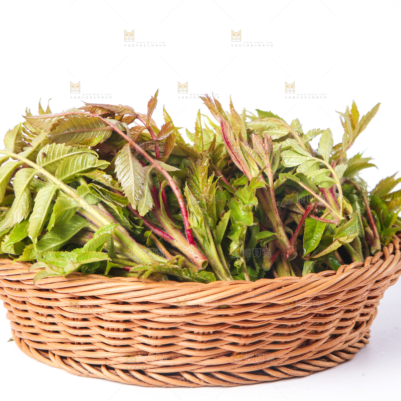 白底上放着一筐香椿芽