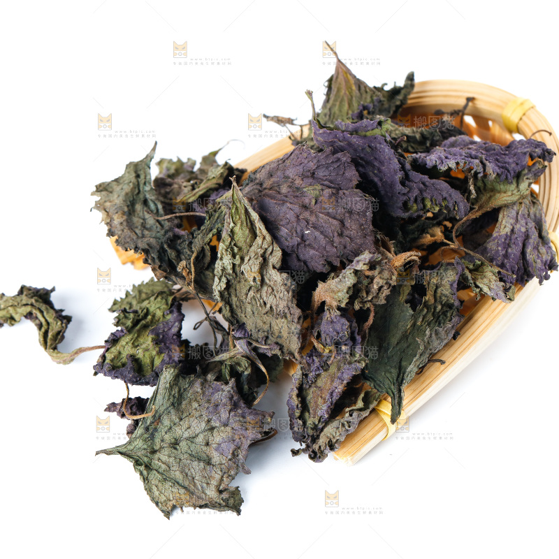 一筐干紫苏叶放在白底上