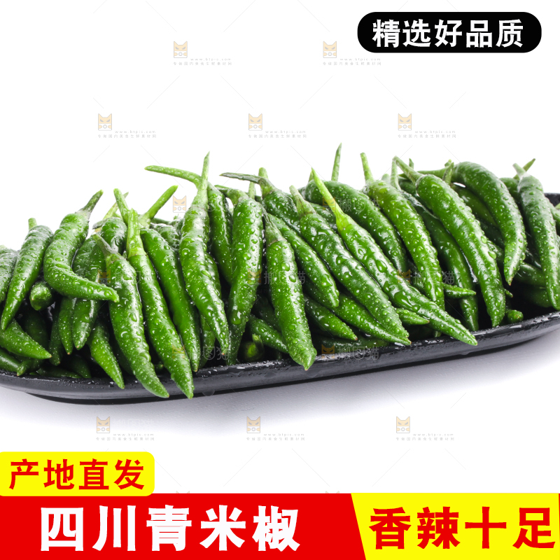 一盘新鲜的青小米辣放在白底上