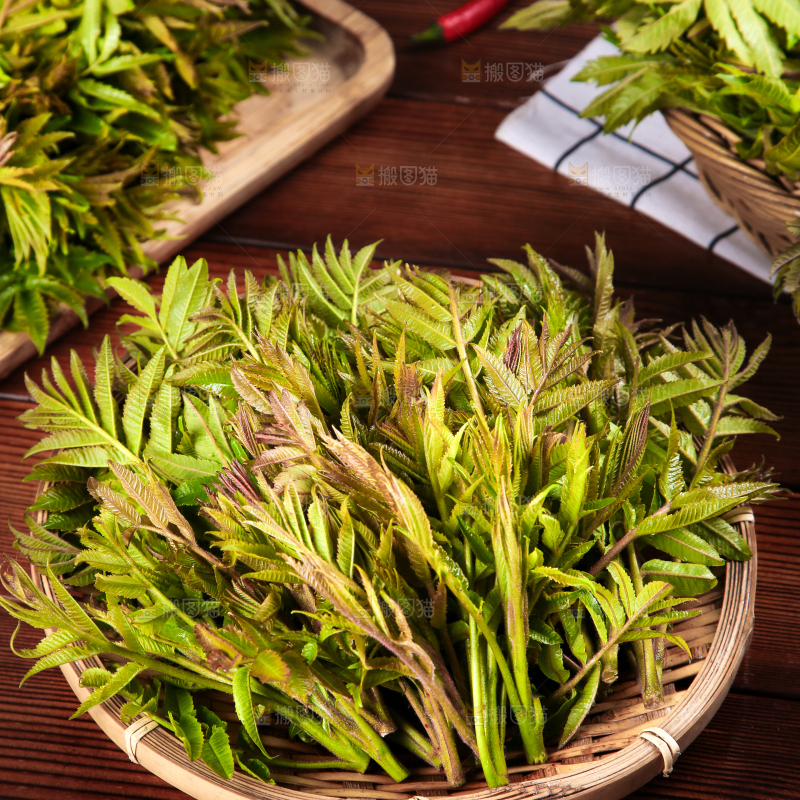 木底上放着一盘香椿芽