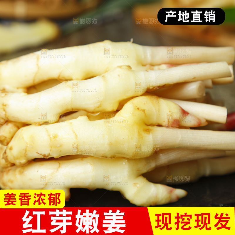 黑石板上放着红芽嫩姜