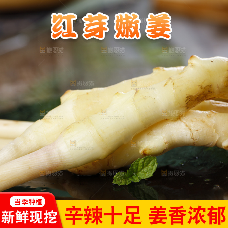 黑石板上放着红芽嫩姜
