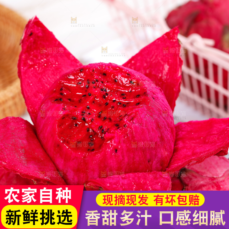 白底上摆放着红心火龙果