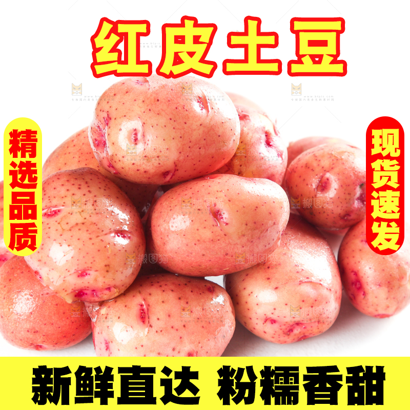 白底上摆放着红皮土豆