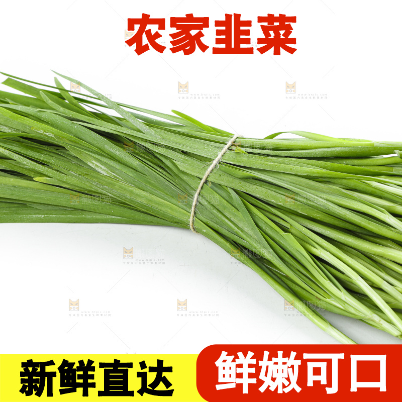 白底上放着一把嫩韭菜