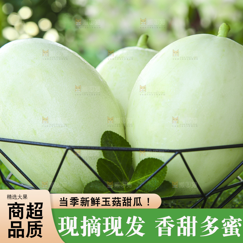 绿草地上放着一篮玉菇香瓜