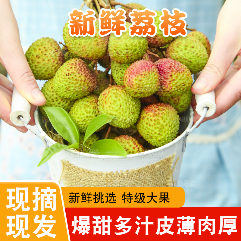 小桶里装着鲜荔枝