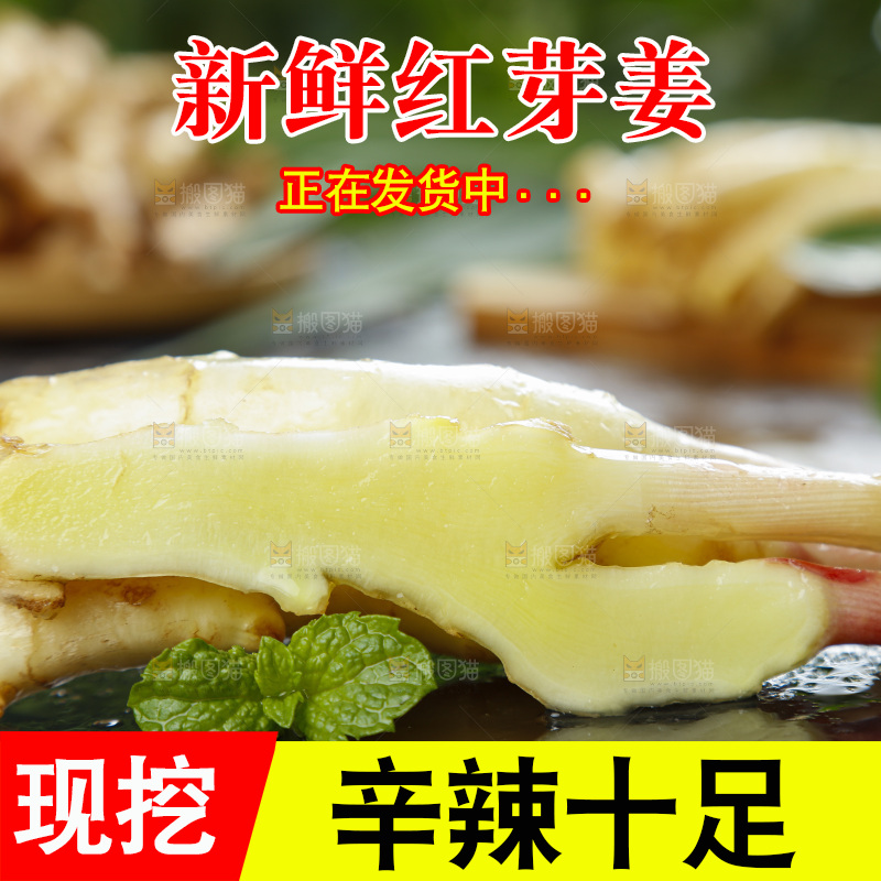 黑石板上放着红芽嫩姜