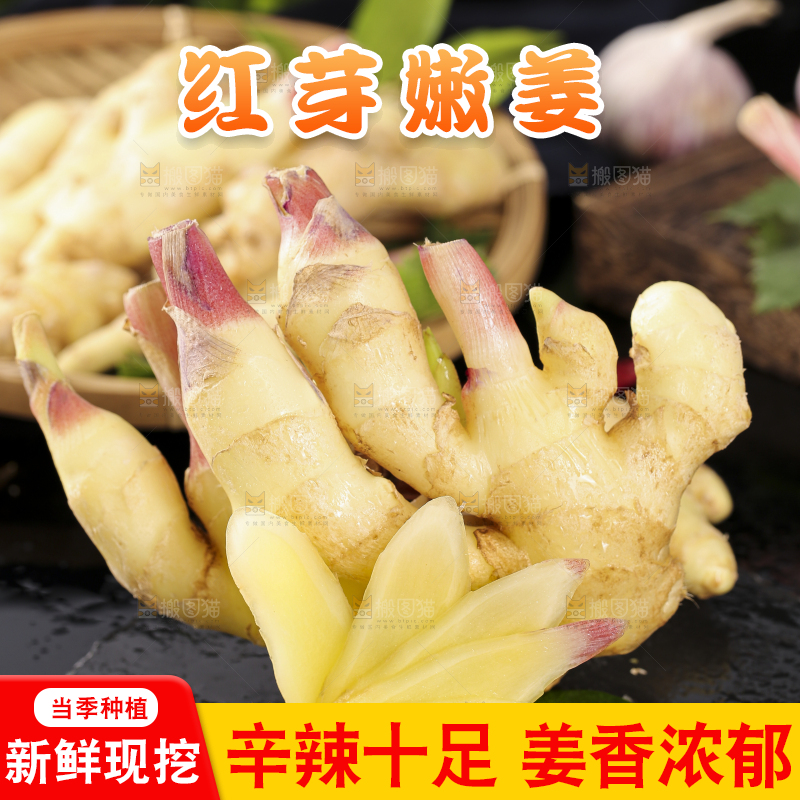 黑石板上放着红芽嫩仔姜
