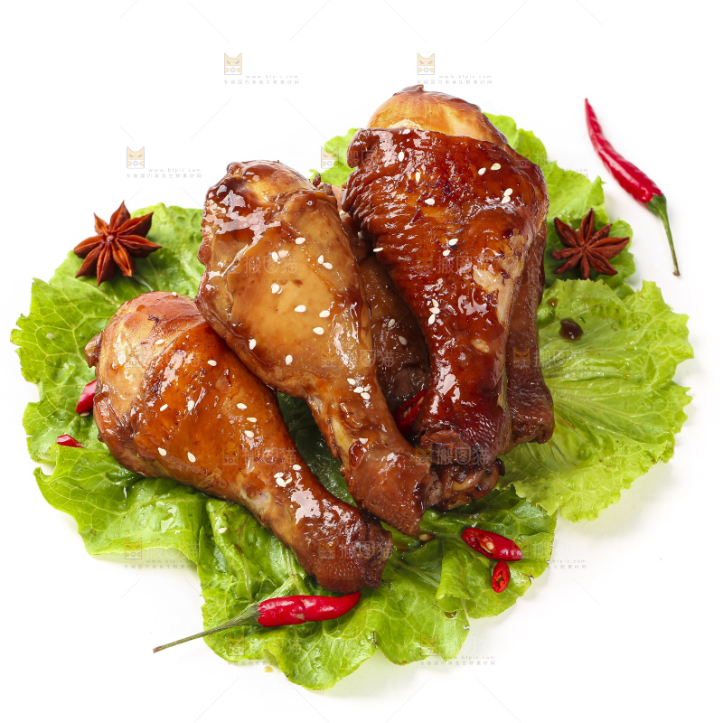 叶子上放着红烧鸡腿