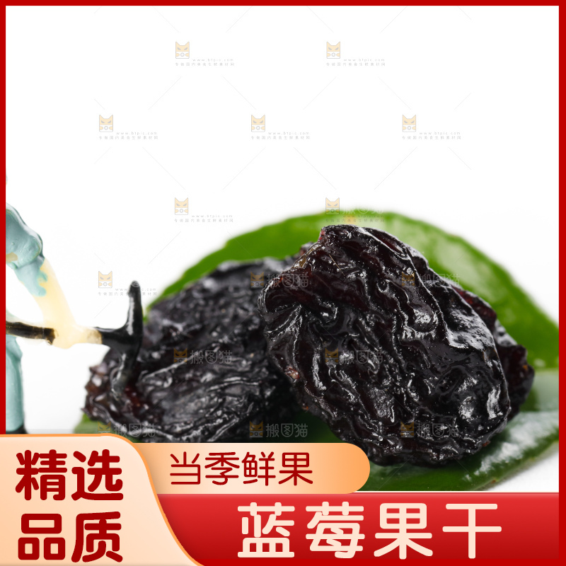 绿叶上摆放着蓝莓干