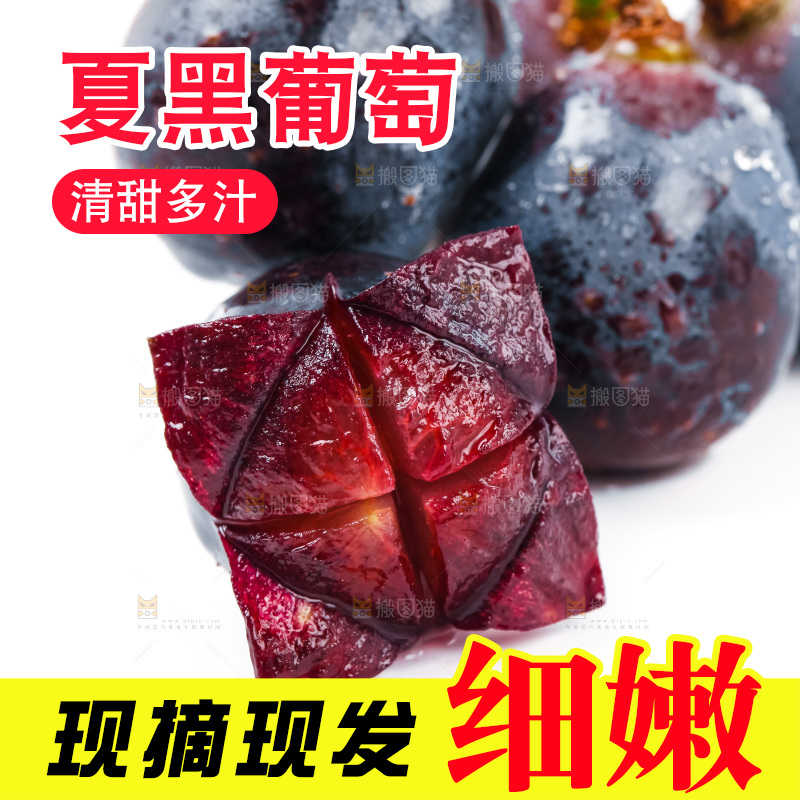 白底上放着云南夏黑葡萄