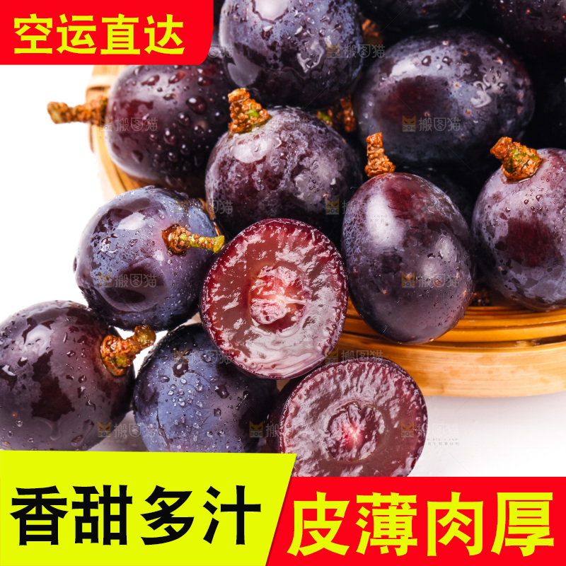 白底上放着一盘夏黑葡萄