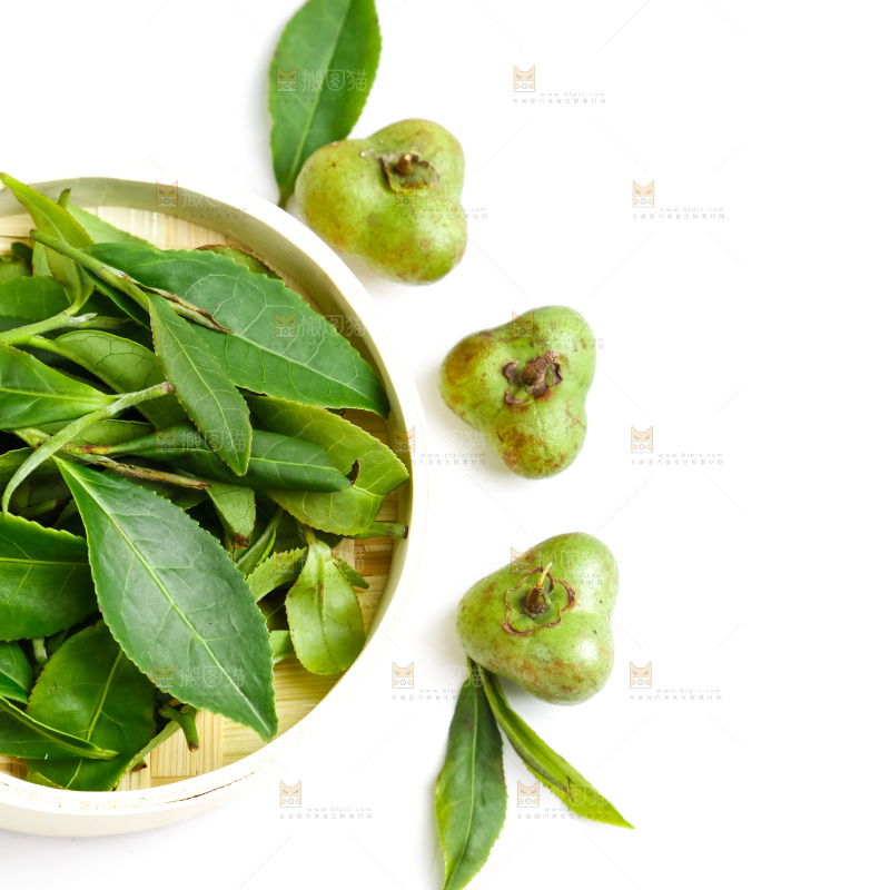 白底上放着绿茶叶