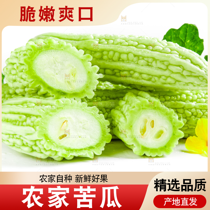 白底上摆放着新鲜苦瓜