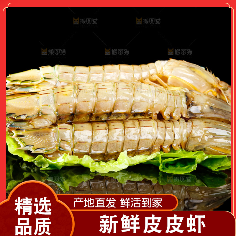 黑底上摆放着舟山皮皮虾