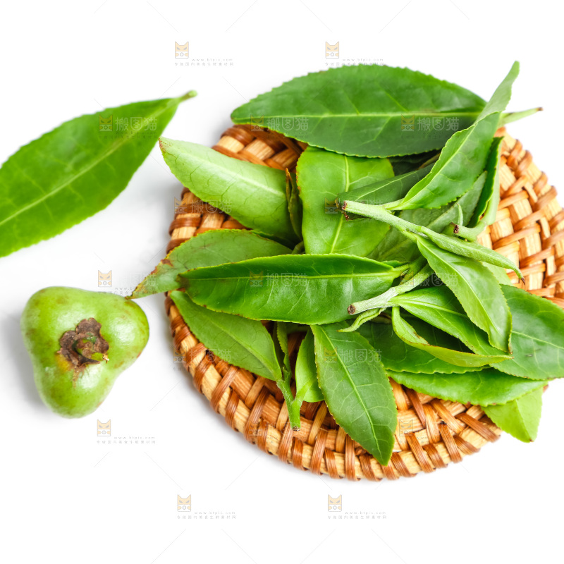 白底上放着绿茶叶