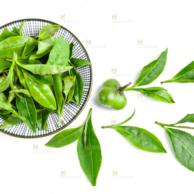白底上放着绿茶叶