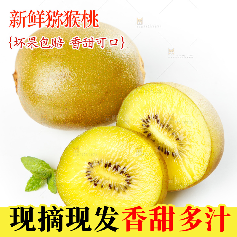 白底上摆放着新鲜黄心猕猴桃