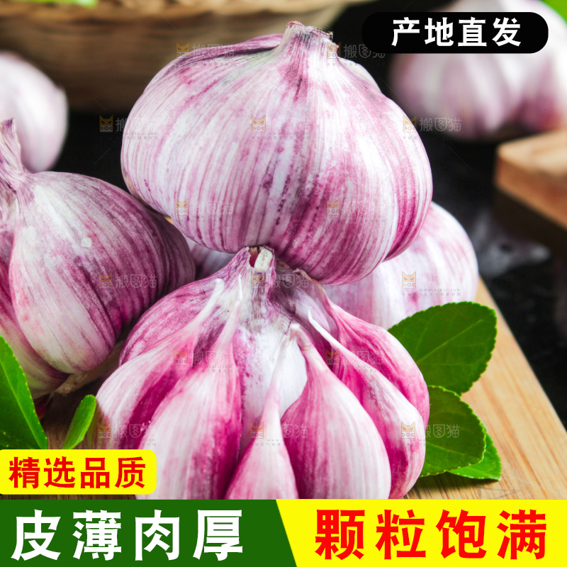 木板上放着紫皮鲜蒜
