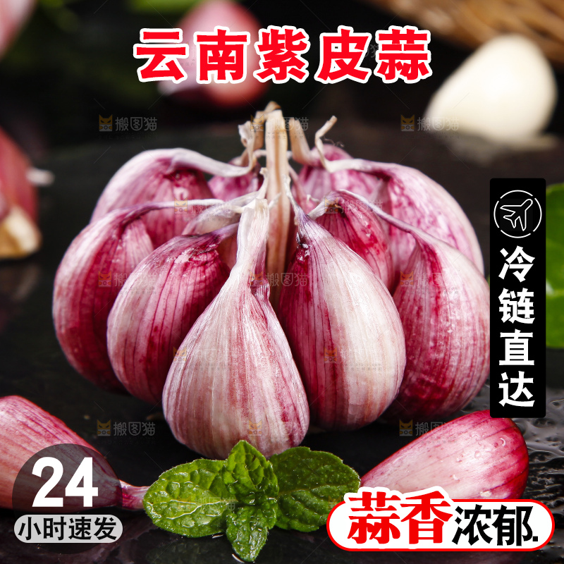 黑底上放着紫皮多瓣大蒜
