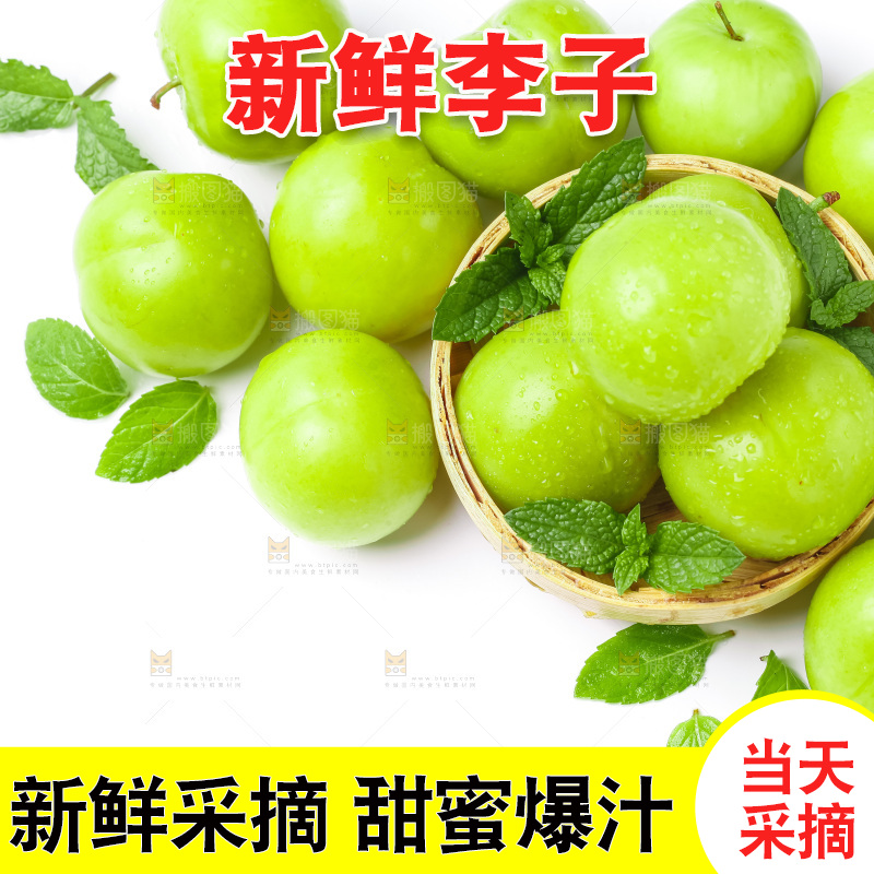 白底上摆放着青脆李