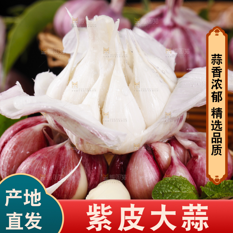 黑底上放着剥皮的新鲜紫皮大蒜
