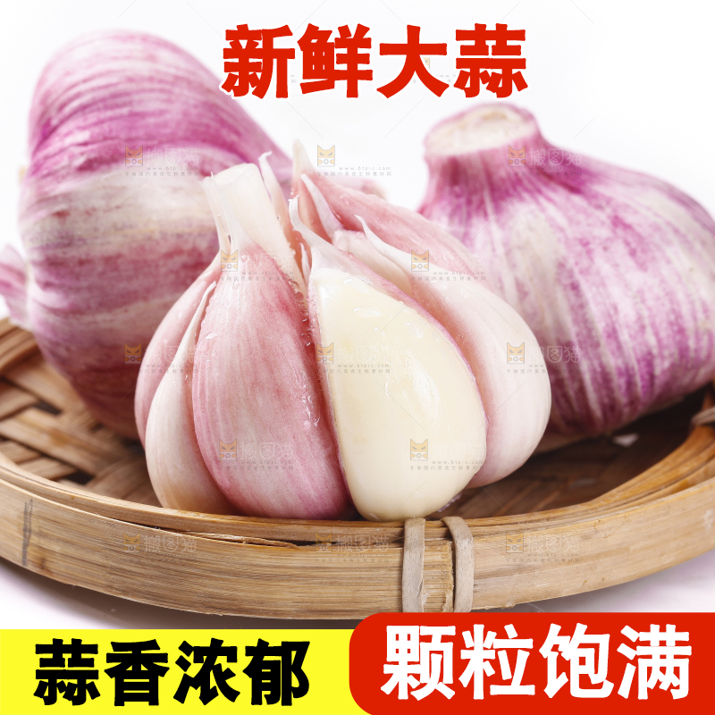 一筐云南新鲜紫皮大蒜放在白底上