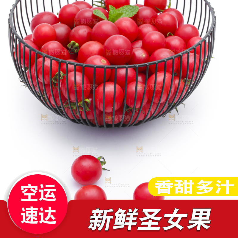 白底上放着一筐新鲜小番茄