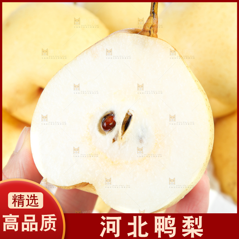白底上摆放着鸭嘴梨