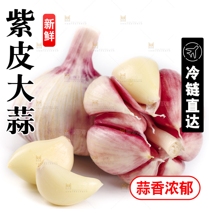 白底上放着新鲜紫皮大蒜头