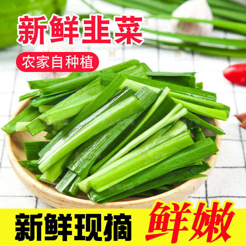 格子底上的鲜嫩韭菜