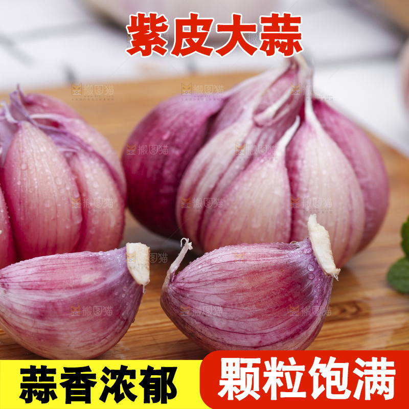浅底上放着新鲜山东紫皮大蒜头