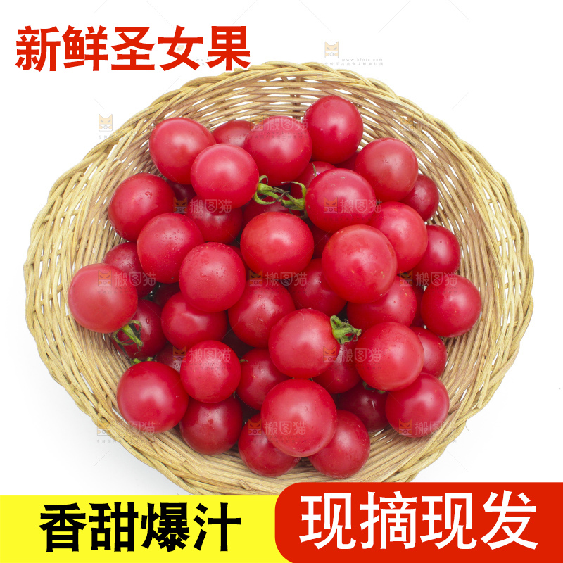 白底上放着一筐新鲜小番茄