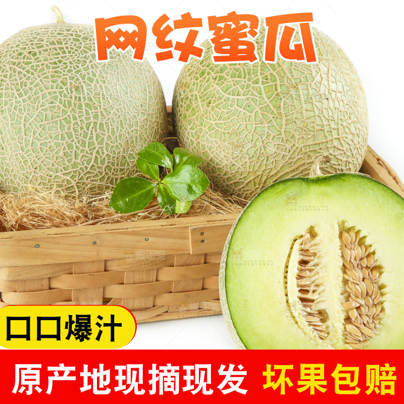 白底上放着新鲜玫珑网纹蜜瓜