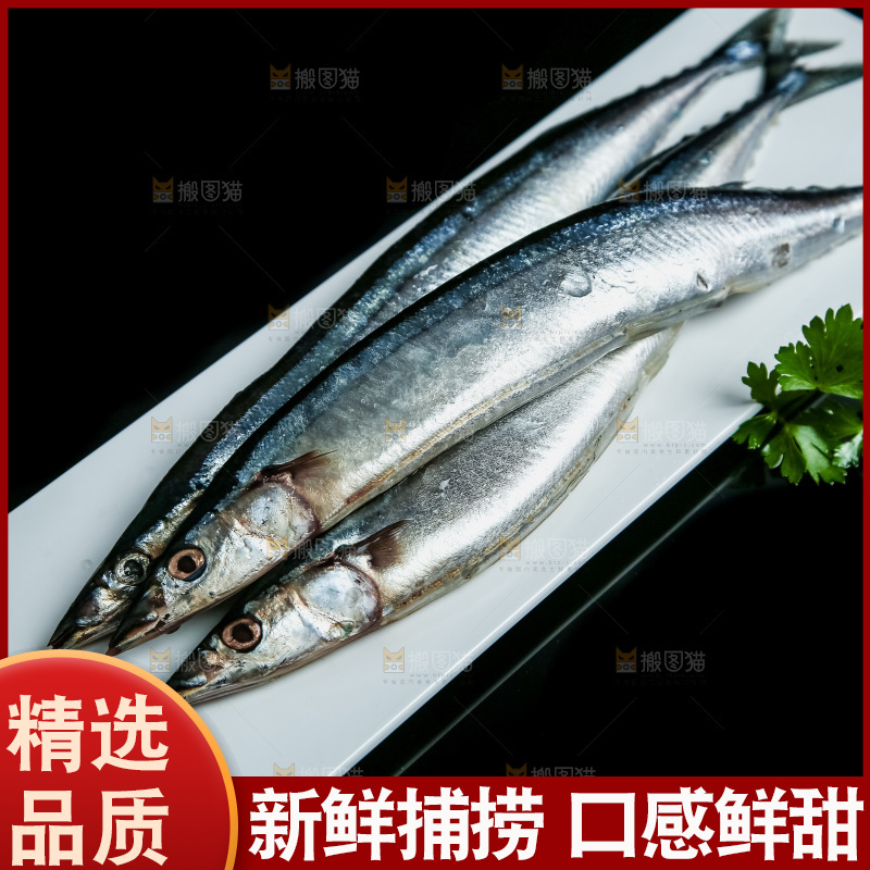 黑底上放着一盘秋刀鱼