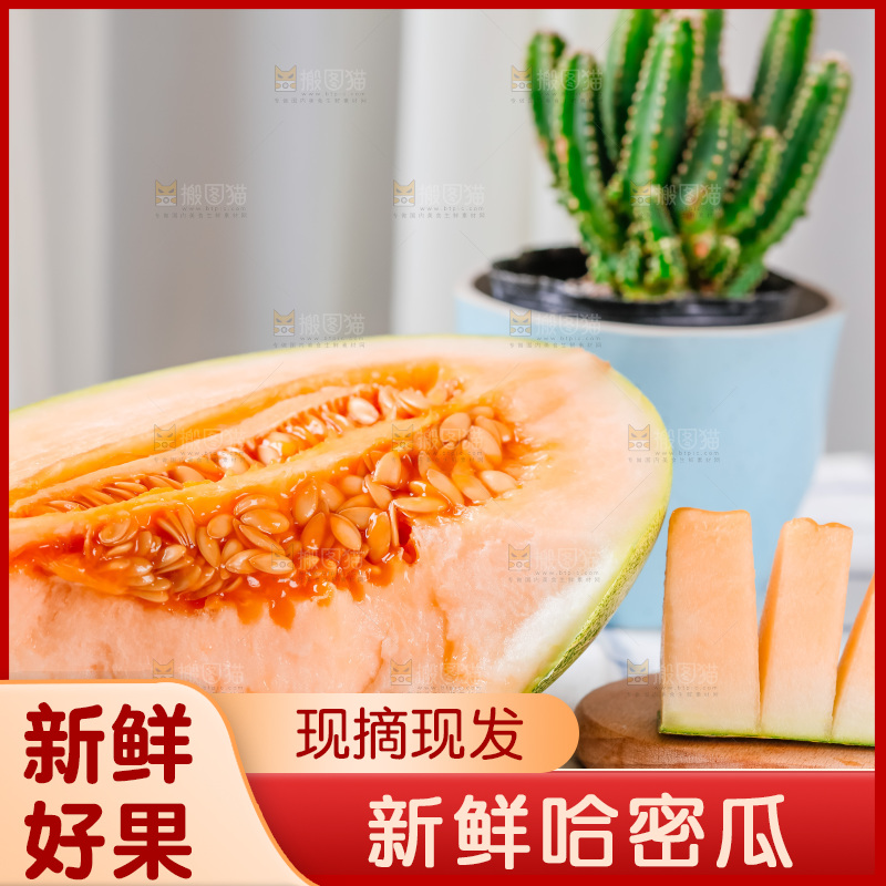 格子布上放着新鲜哈密瓜