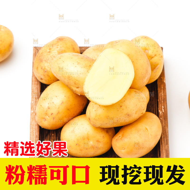 一盘新鲜土豆放在白底上