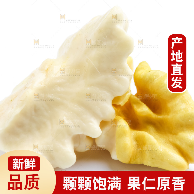 白底上放着新鲜核桃仁