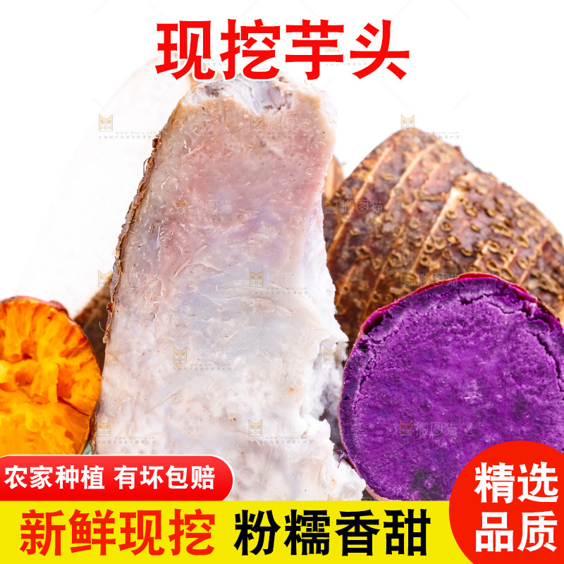 白底上放着荔浦芋头和地瓜