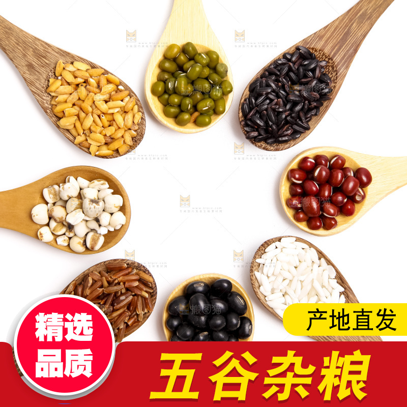 白底上勺子里的五谷杂粮