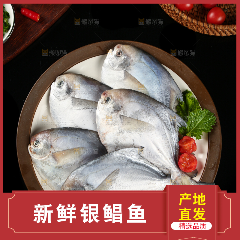 黑底上放着一盘海捕银鲳鱼